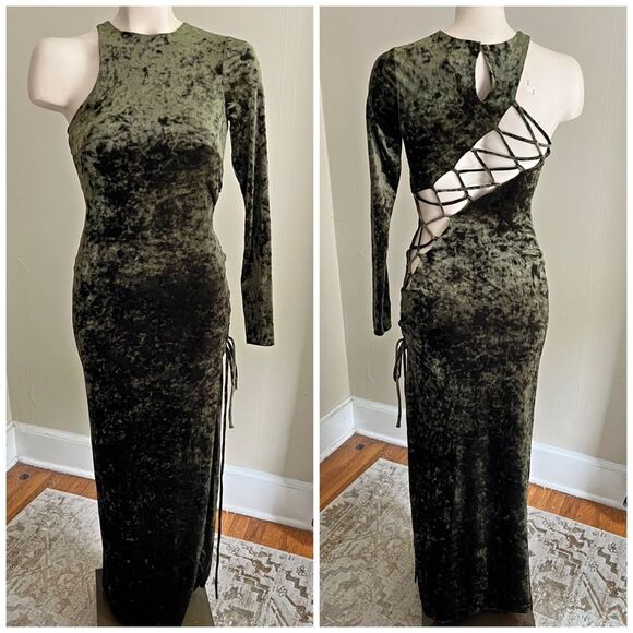CAMILA COELHO Green Velvet One Shoulder Cutout Lace-Up Maxi Gown party dress XS - Picture 1 of 14